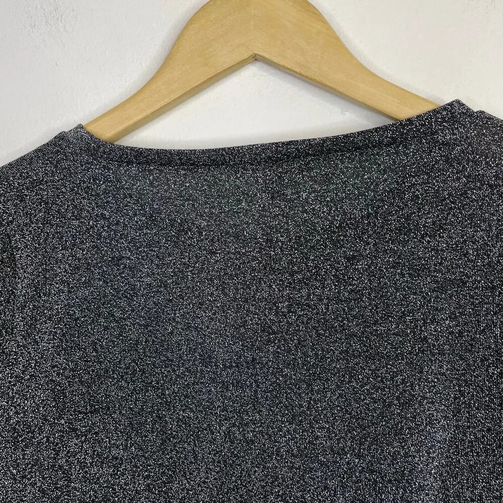 J Crew Metallic Sparkle Knit Bell Ruffle Sleeve Tee Top shirt Charcoal Gray M